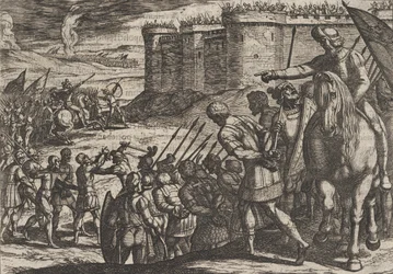 Romeinse gevangenen voor het oude fort, uit De oorlog van de Romeinen tegen de B...
