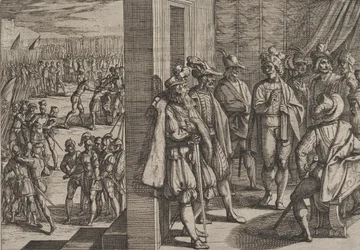 Plaat 18: Geheime bijeenkomst van Civilis met andere leiders uit Trier, uit De oorlog van de Romeinen tegen de Bataven, 1611.
