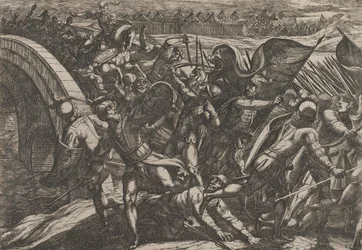 Plaat 27: De Nederlanders Tijdens een Verrassingsaanval op het Romeinse Kamp aan de Moezel, uit De Wa..., 1611