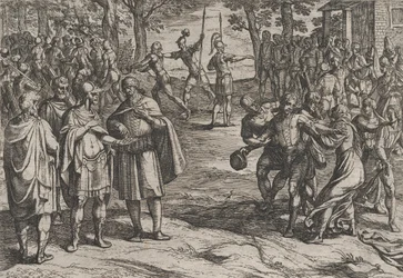 Plaat 2: De Romeinen nemen Oude Nederlandse Mannen als Gijzelaars en Verleiden Jonge Mannen, uit De Oorlog..., 1611