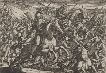Plaat 30: Cerialis drijft de Nederlanders de Rijn in, uit De oorlog van de Romeinen tegen de..., 1611