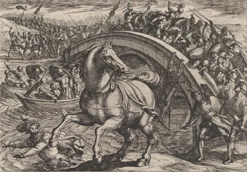 Plaat 31: Civilis gedwongen om af te stijgen en de rivier over te zwemmen, uit De Oorlog van de Romeinen..., 1611