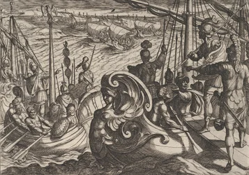 Plaat 33: Nederlandse en Romeinse vloten op de Rijn, uit De oorlog van de Romeinen tegen de Bataven