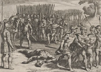 Plaat 3: Claudius Civilis gearresteerd en zijn broer Paulus onthoofd, uit De Oorlog van de Ro..., 1611