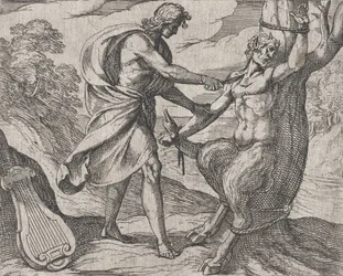 Plaat 58: Apollo doodt Marsyas Marsyas victus ab Apolline excoriatur, uit Ovidius