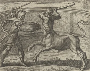 Theseus verslaat de Minotaurus, Minotaurum Theseus vincit, uit De Metamorfosen..., uitgegeven na 1606