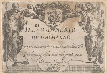 Titelprent met cartouche met opdracht, geflankeerd door Minerva en Faam