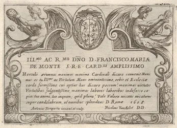 Titelplaat voor de serie De Werken van Hercules met de wapens van Kardinaal Francesco Ma...