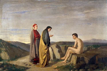 Dante en Vergilius ontmoeten de dichter Sordello da Goito in het Vagevuur Naar een zang van het Vagevuur uit de Goddelijke Komedie door Dante Alighieri (1265-1321). Schilderij door Antonio Varni (1841-1909) Dim. 81x121 cm Genua, Accademia Ligustica di Bell