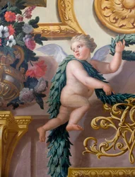 Detail van een muurschildering, met een cherubijn die een lauwerkrans en guirlande vasthoudt, De Banketzaal