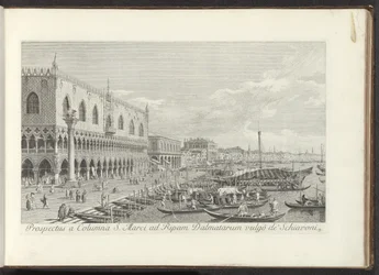 Hoek van het San Marcoplein met het Dogepaleis en de zuil met de Leeuw van Venetië