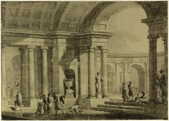 Klassiek portiek met figuren in oude kleding