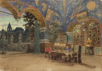 Eetkamer van Prins Vasily Golitsyn. Decorontwerp voor de opera Khovanshchina door M. Moessorgski, 1897