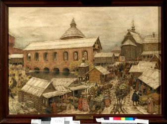 Markt in de wijk Okhotny Riad in Moskou in de 13e-16e eeuw