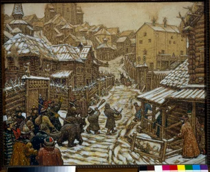 Muzikanten en berenleiders in een straat in Moskou in de 17e eeuw