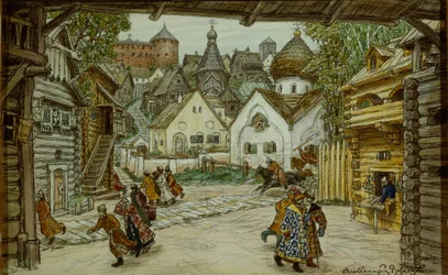 Toneelontwerp voor de opera De Oprichnik De Wachtman door Pyotr Tchaikovsky, 1911