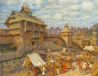 Houten stad Moskou in de 14e eeuw