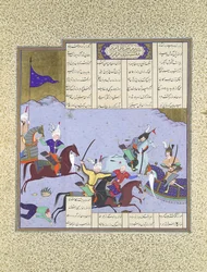 Faramarz omsingeld tijdens het vechten met Bahman, Folio 475r uit de Shahnama, ca. 1530-35