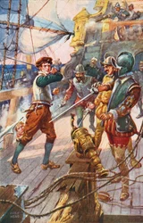 Aan boord van een Spaans galjoen (kleurenlitho)