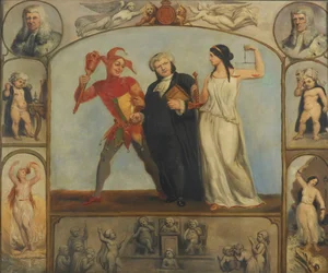 schilderij; olieverf op doek - Portret van Renton Nicholson met Allegorische Taferelen en Figuren