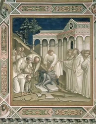 De zware steen (detail) uit het leven van St. Benedictus (ca. 480-ca. 550), in de sacristie, 1387