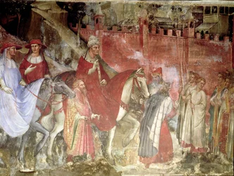 De Geschiedenis van Paus Alexander III (1105-81): De Intocht van de Paus en Keizer Frederik Barbarossa (c.1123-90) in Rome, 1407 (detail)