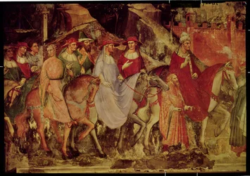 De geschiedenis van paus Alexander III (1105-81): De intocht van de paus en keizer Frederik Barbarossa (c.1123-90) in Rome, 1407 (detail)