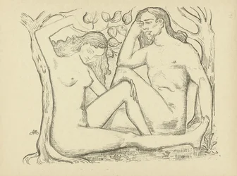 Adam en Eva zittend bij boom