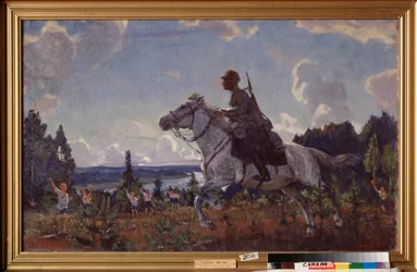 Met een rapport. Een boodschapper van een cavalerie regiment van het Rode Leger galoppeert door het platteland, begroet door kinderen in uniform van de socialistische jeugd.