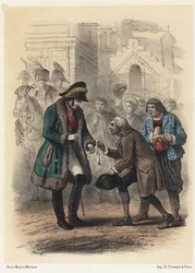 Koning Karel XIV (Jean de Suède) (Jean Baptiste Bernadotte) (1763-1844) krijgt een medaille van zijn voormalige leraar - Gravure door Telory