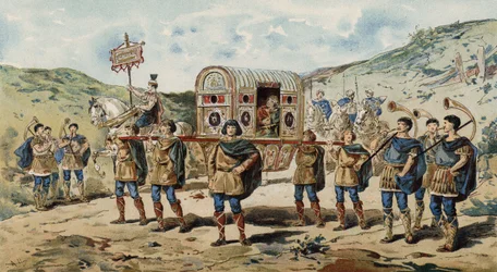 Draagstoel met Begeleiding, Vergezeld door Buccina Spelers. Tijd van Karel de Grote, 9e Eeuw