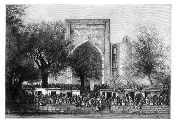 Een bijeenkomst voor de moskee in Bukhara, Oezbekistan, 1895