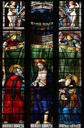 De verrezen Christus neemt de hand van Sint Thomas om hem zijn wonden te laten zien en raakt met de andere hand het voorhoofd van Sint Maria Magdalena aan - Glas-in-lood uit de kapel Notre Dame d