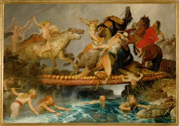 Kampf auf einer Bruecke - Het gevecht op de brug ... (schilderij op doek)