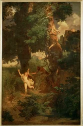 Syrinx von Pan verfolgt - Syrinx vlucht voor Pan ... (schilderij op doek)