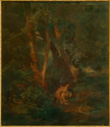 Bosrand met faun en nimf (of faun die een zich verzettende nimf omhelst)