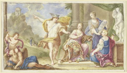 Mercurius wijst de kunsten de weg naar een heiligdom op een steile heuvel