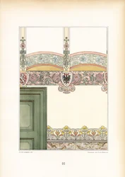 Art Nouveau interieurontwerp met decoratieve muurfriezen en wapenschild (litho)