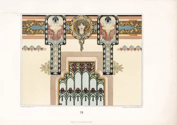 Art Nouveau wanddecoratie met irissen en figuratief ontwerp (litho)
