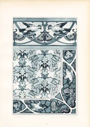 Vogelornamenten en vlinderpatronen in blauwe tinten (litho)