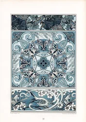 Blauw-witte ornamentale patronen met vlinders en vogels (litho)