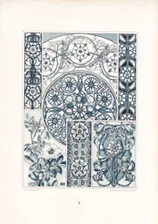 Blauw-witte wilde rozenmotieven en sierstructuren (litho)
