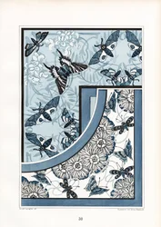 Vlinders en motten in blauw-wit bloemenpatroon (litho)