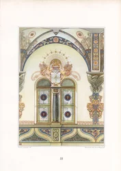 Decoratieve Art Nouveau interieurarchitectuur met boog en heraldische elementen (litho)
