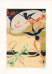 Decoratief art nouveau-patroon met kolibries en vlinders (litho)