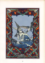 Decoratief maritiem paneel met zeemeeuwen en golven (litho)