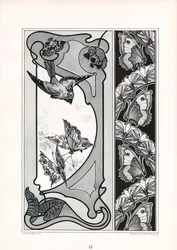 Decoratieve panelen en rand met vogel- en vlindermotieven (litho)