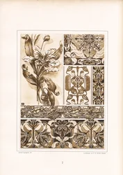 Studies en randen van florale ornamenten in sepiatinten (litho)