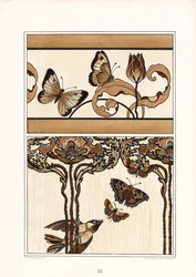 Sierbanden met bloemen, vlinders en tulpen (litho)