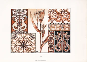 Iris ornament patronen in bruintinten (litho)